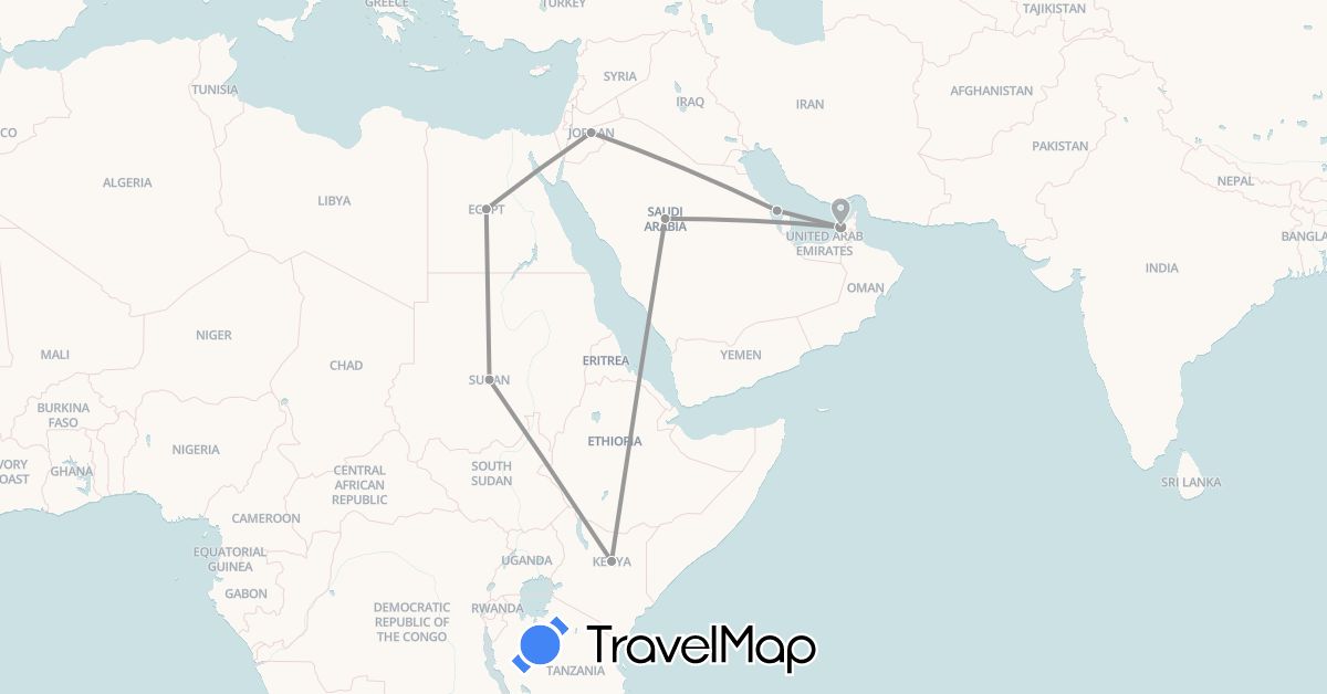TravelMap itinerary: driving, plane in United Arab Emirates, Bahrain, Egypt, Jordan, Kenya, Saudi Arabia, Sudan (Africa, Asia)